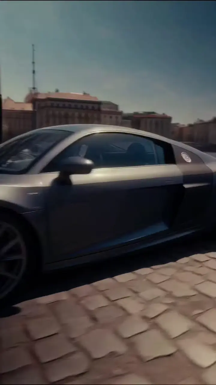 Marci napszemüvegben sétál, mögötte toronyházak, felirat: Nézzétek, Audi R8