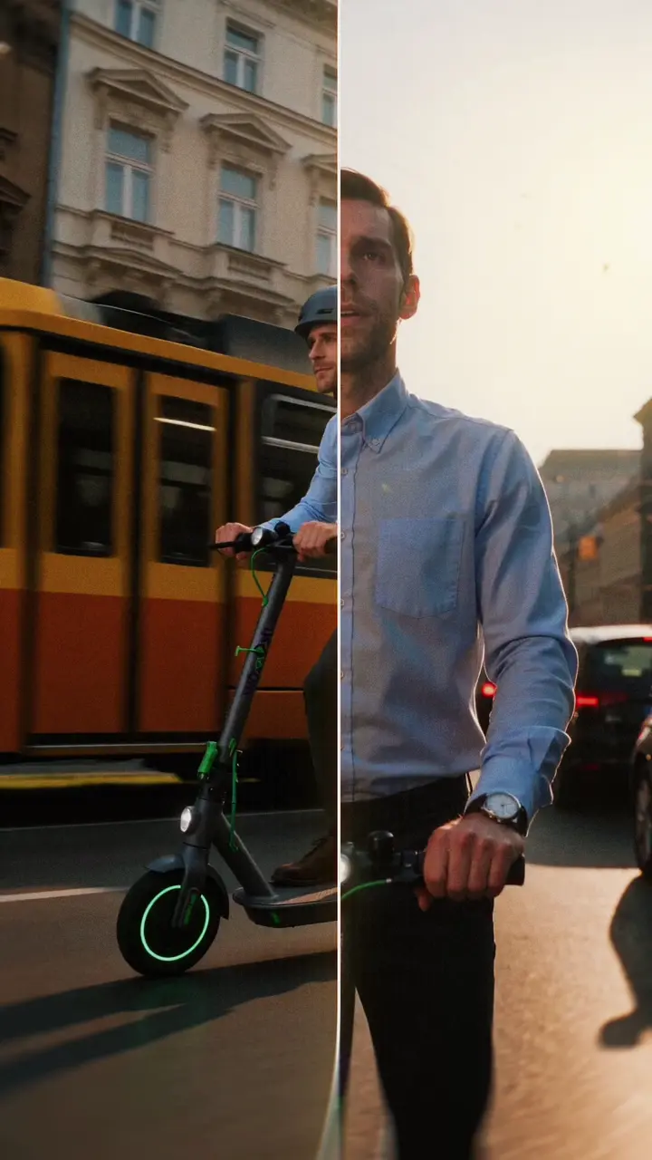 AI-kép: férfi ingben elektromos rollerrel egy üvegfalú ház előtt, naplementében